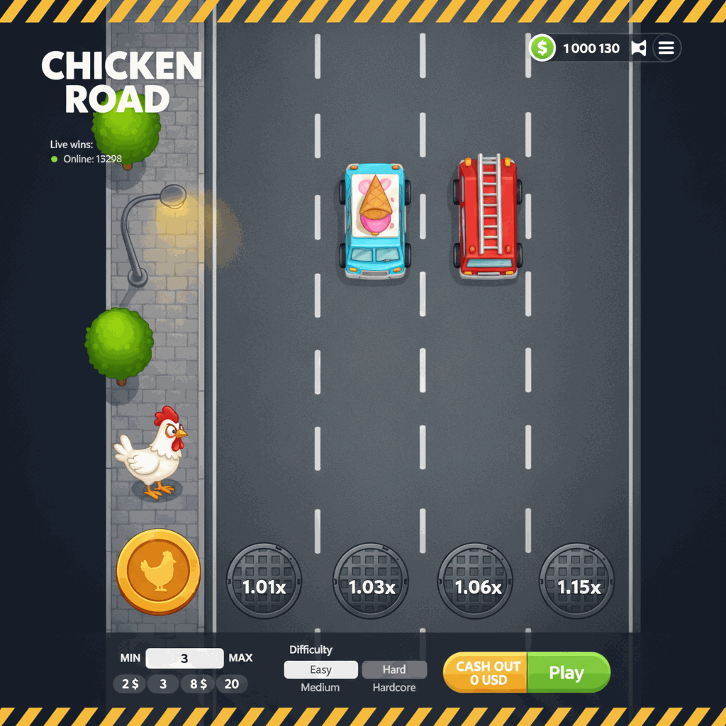 Schermata di gioco Chicken Road con un pollo cartoon che attraversa una strada a corsie multiple vista dall'alto, segnaletica stradale gialla, lampione e alberi ai bordi, interfaccia di gioco con moltiplicatori e comandi di puntata